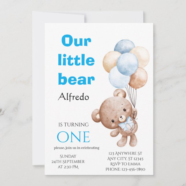 Invitación de cumpleaños de Oso Globo (Anverso)
