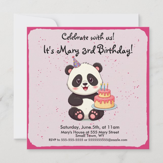Invitación de cumpleaños de oso panda (Anverso)