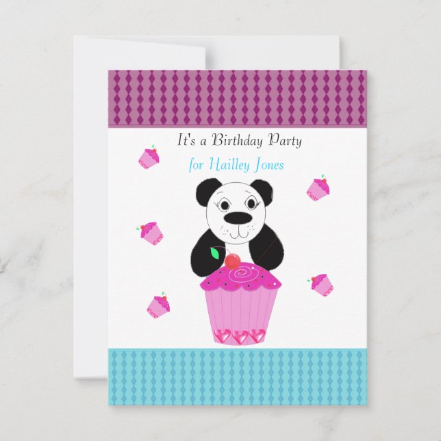 Invitación de cumpleaños de oso panda con cupcakes (Anverso)
