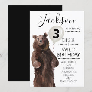 Invitación de cumpleaños de oso salvaje blanco y n