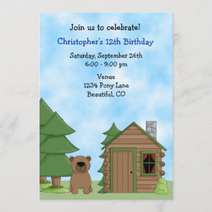 Invitación de cumpleaños de oso y cabaña para niño