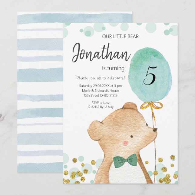 Invitación de cumpleaños de oso y globo (Anverso / Reverso)