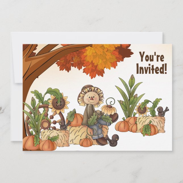 Invitación de cumpleaños de otoño a Cute Scarecrow (Anverso)