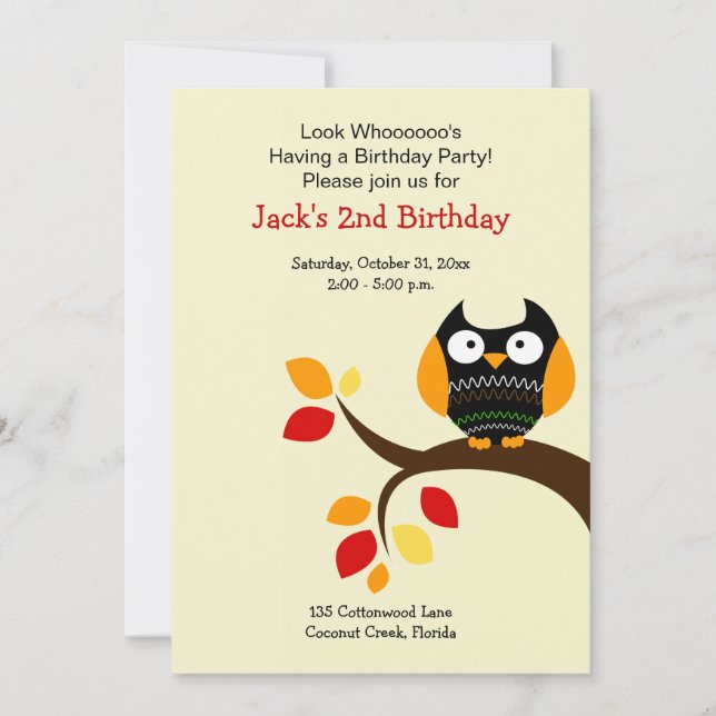 Invitación de cumpleaños de otoño a la lechuza Cre (Anverso)