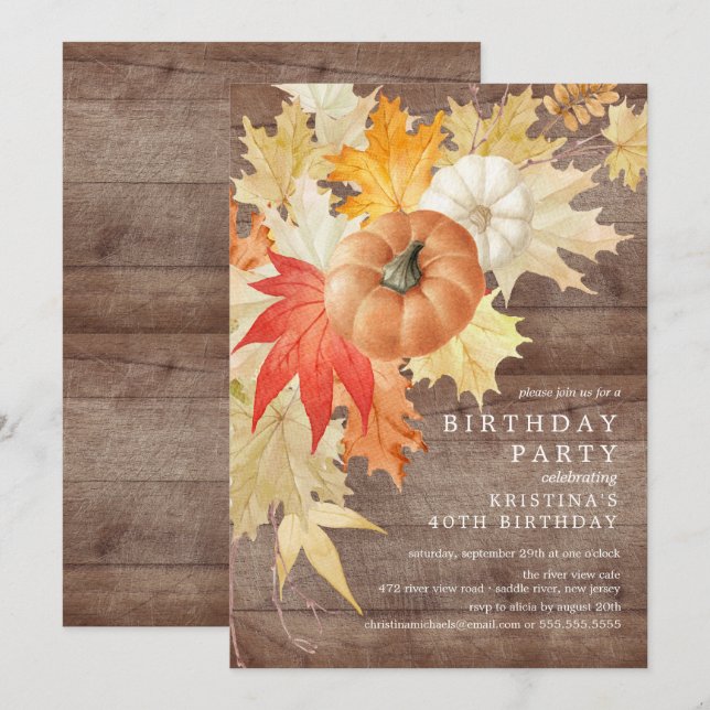 Invitación de cumpleaños de otoño a Rustic Wood (Anverso / Reverso)