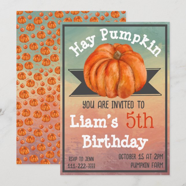 Invitación de cumpleaños de otoño con calabaza Hay (Anverso / Reverso)