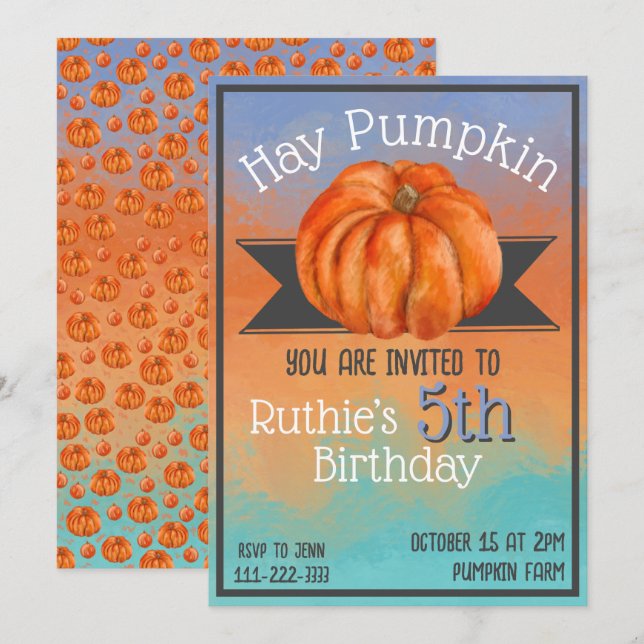 Invitación de cumpleaños de otoño con heno y calab (Anverso / Reverso)