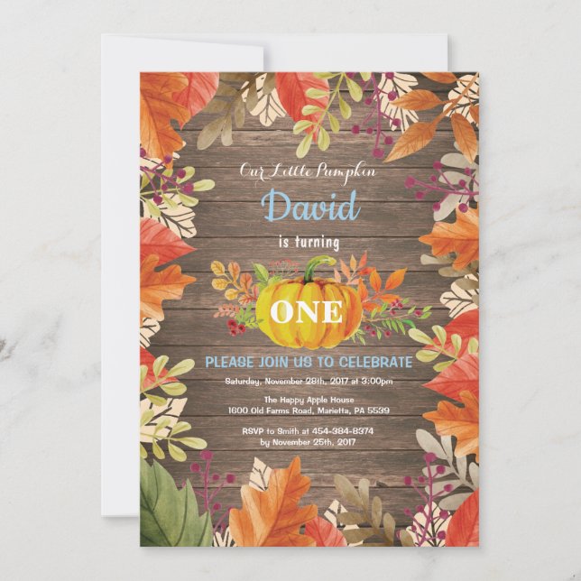 Invitación de cumpleaños de otoño de niño rústico  (Anverso)