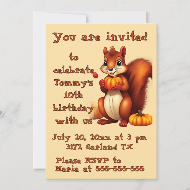 Invitación de cumpleaños de otoño del Sr. Ardilla (Anverso)