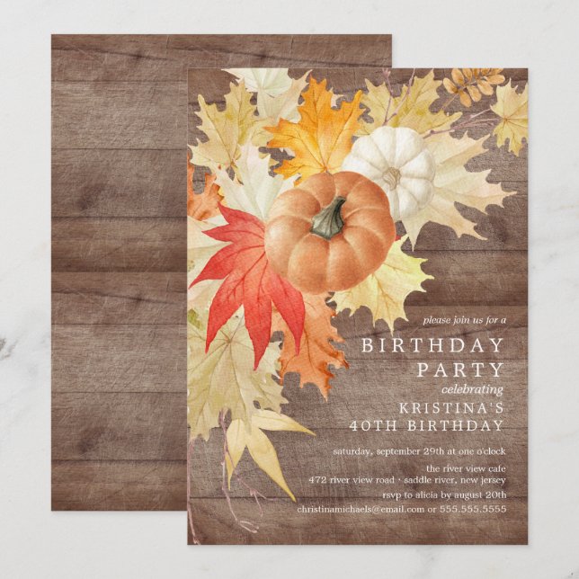 Invitación de cumpleaños de otoño en madera rústic (Anverso / Reverso)