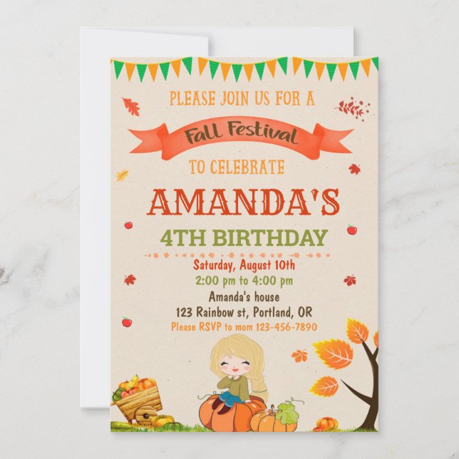 Invitación de cumpleaños de otoño fiesta del festi (Anverso)