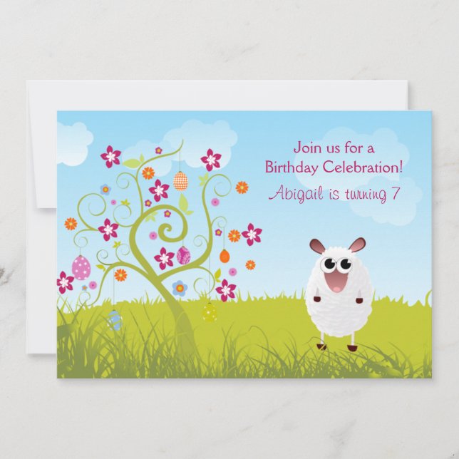 Invitación de cumpleaños de ovejas y huevos de vac (Anverso)