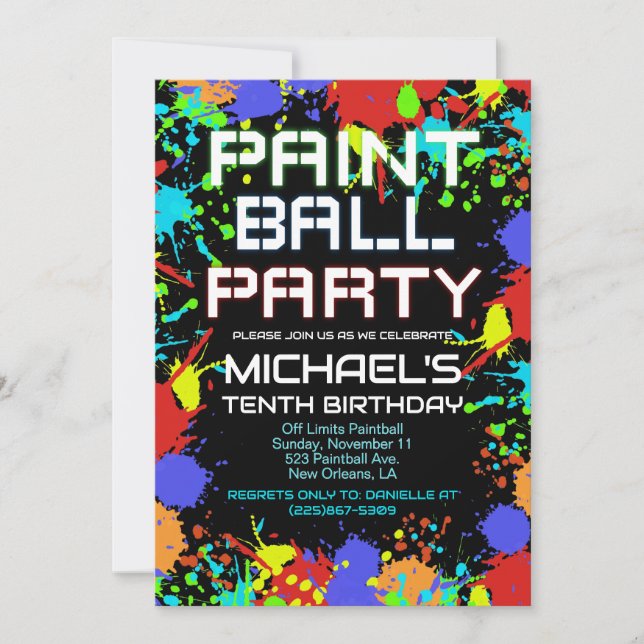 Invitación de cumpleaños de Paint Ball (Anverso)