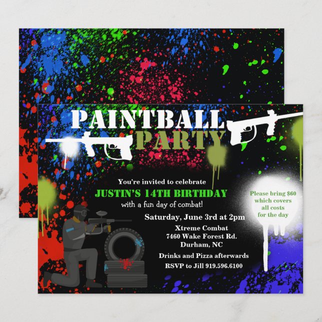 Invitación de cumpleaños de paintball afroamerican (Anverso / Reverso)
