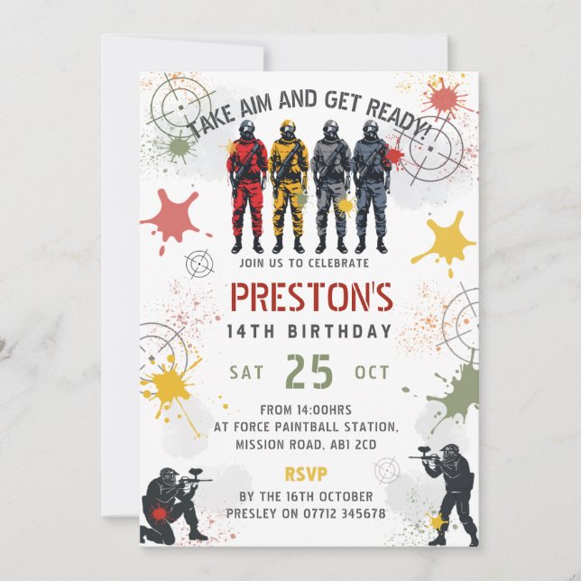 Invitación de cumpleaños de paintball Apunta y pre (Anverso)