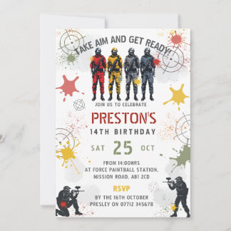 Invitación de cumpleaños de paintball Apunta y pre