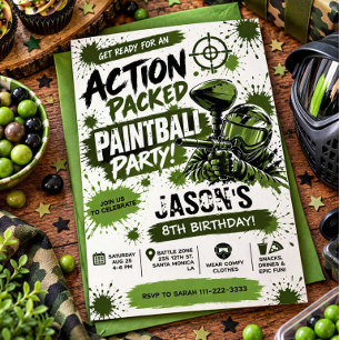 Invitación de cumpleaños de Paintball de Acción In
