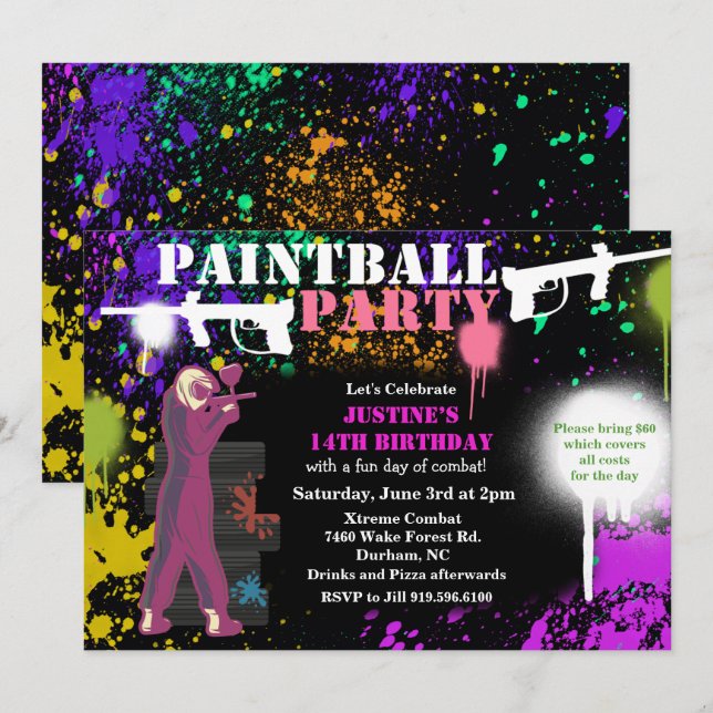 Invitación de cumpleaños de paintball para niña (Anverso / Reverso)