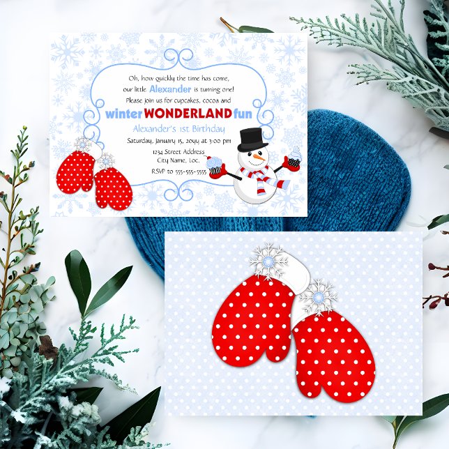 Invitación de cumpleaños de país de las maravillas (Winter wonderland birthday party invitation, in blue and red, front and back view.)