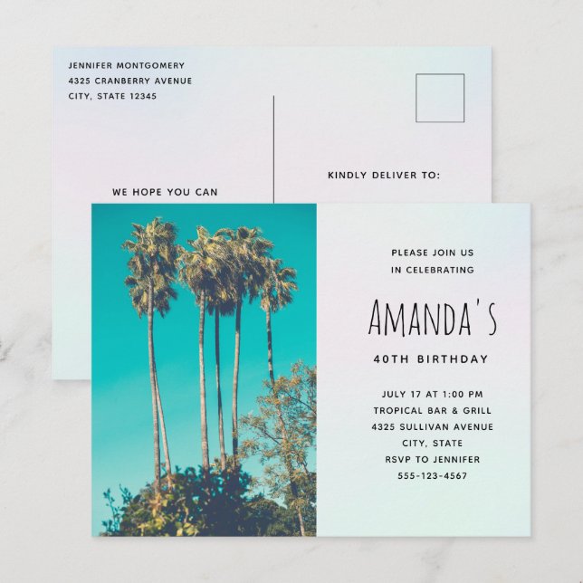 Invitación de cumpleaños de palmeras tropicales en (Anverso / Reverso)