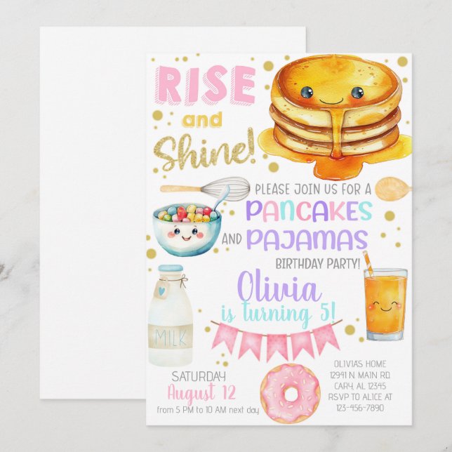 Invitación de cumpleaños de pancakes y pijamas par (Anverso / Reverso)