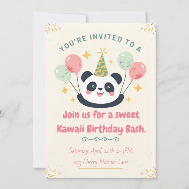 Invitación de cumpleaños de Panda Kawaii Dulce (Anverso)