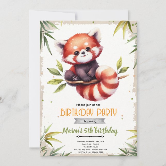 Invitación de cumpleaños de Panda Rojo (Anverso)