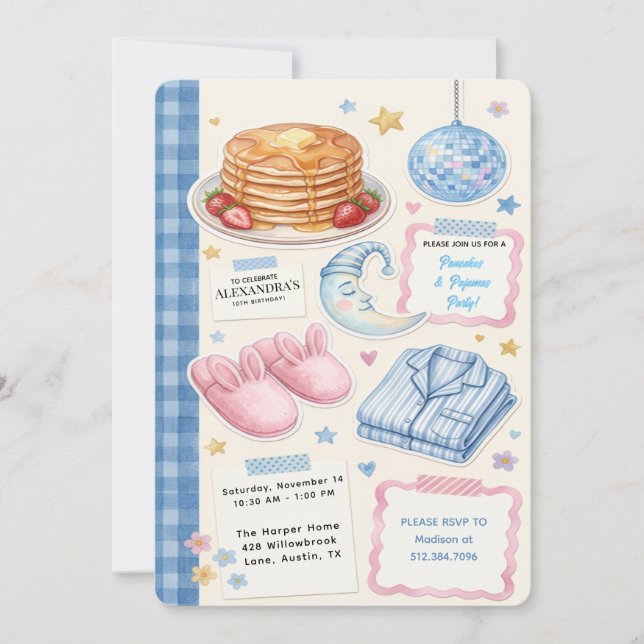 Invitación de cumpleaños de Panqueques y Pijamas (Anverso)
