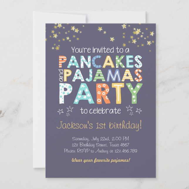 Invitación de cumpleaños de panqueques y pijamas B (Anverso)