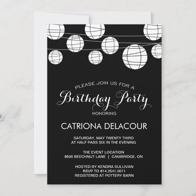 INVITACIÓN DE CUMPLEAÑOS DE PAPEL BLANCO Y NEGRO (Anverso)
