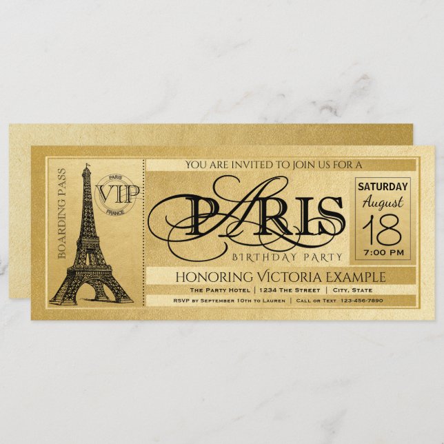 Invitación de cumpleaños de París, boleto de París (Anverso / Reverso)