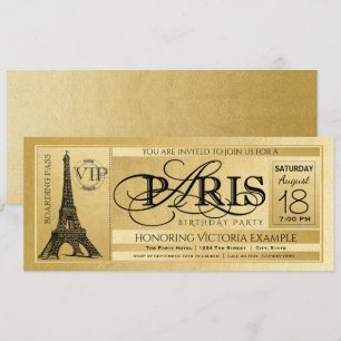 Invitación de cumpleaños de París, boleto dorado d