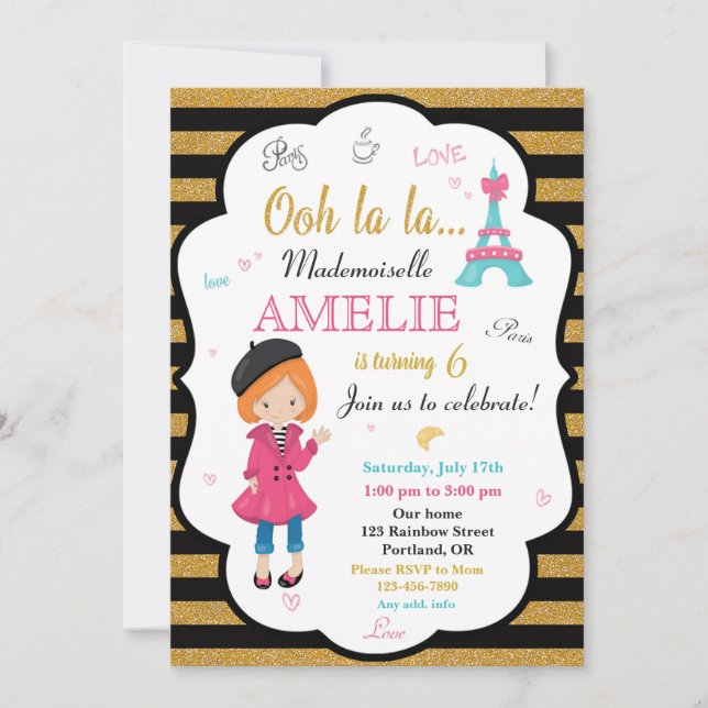 Invitación de cumpleaños de París Chica Torre Eiff (Anverso)