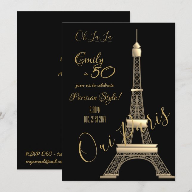 Invitación de cumpleaños de París Moda de ORO negr (Anverso / Reverso)