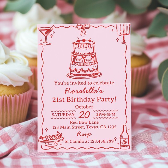 Invitación de cumpleaños de pastel con lazo rosa y (Subido por el creador)