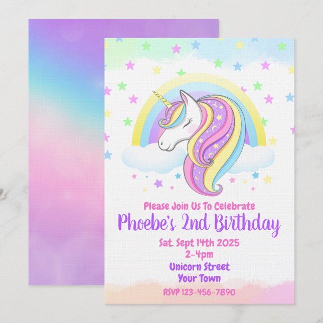 Invitación de Cumpleaños de Pastel de Arcoíris de  (Anverso / Reverso)
