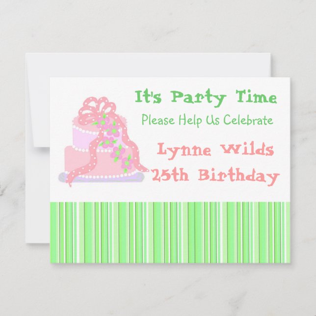 Invitación de cumpleaños de pastel de cinta rosada (Anverso)