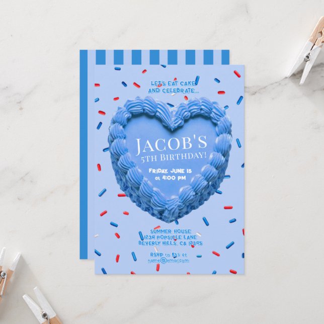 Invitación de cumpleaños de pastel de corazón (azu (Anverso/Reverso In Situ)
