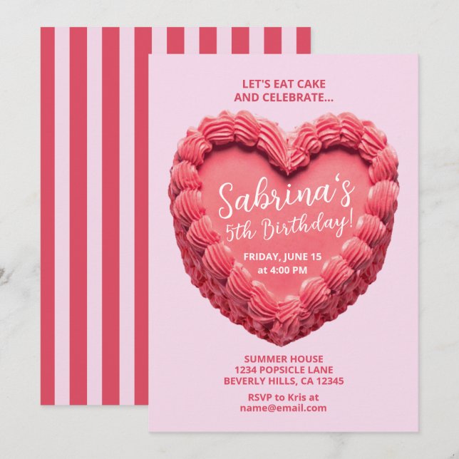 Invitación de cumpleaños de pastel de corazón (ros (Anverso / Reverso)