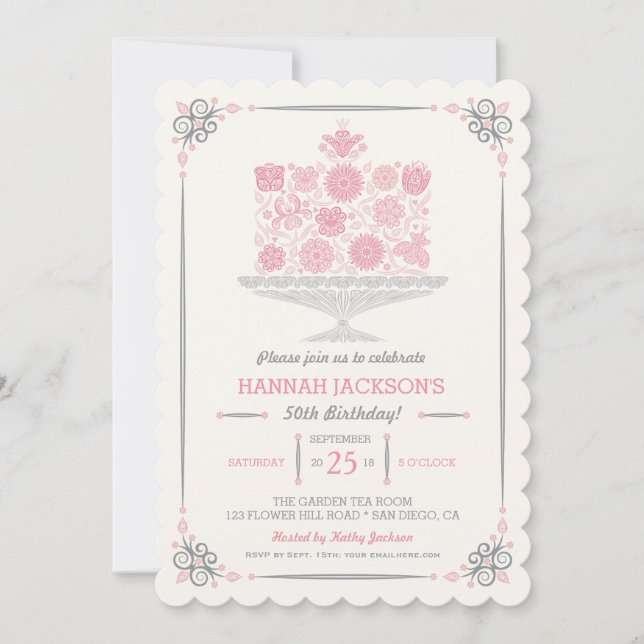 Invitación de cumpleaños de pastel de flores de en (Anverso)