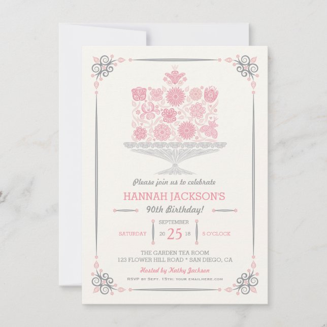 Invitación de cumpleaños de pastel de flores de en (Anverso)