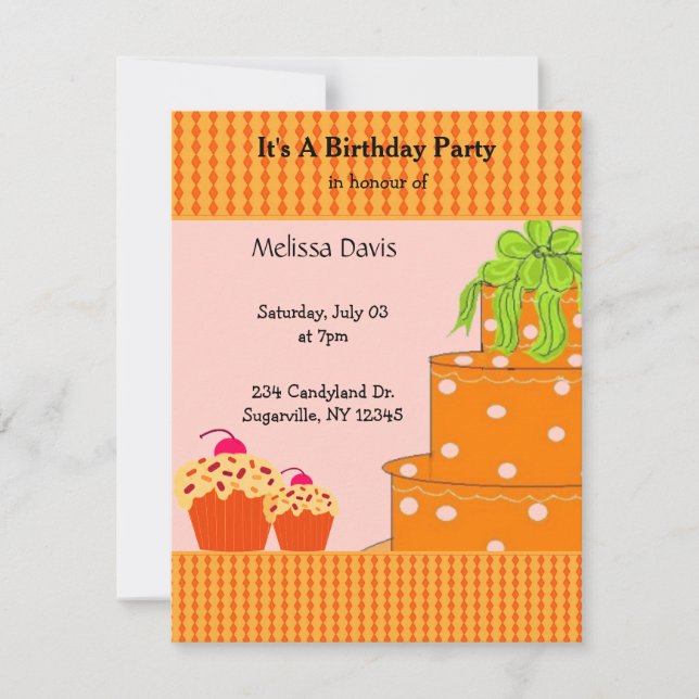Invitación de cumpleaños de pastel de naranja y ma (Anverso)