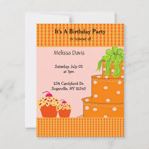 Invitación de cumpleaños de pastel de naranja y ma