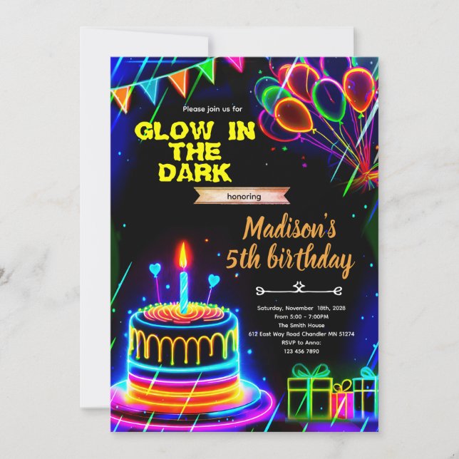 invitación de cumpleaños de pastel de neón brillan (Anverso)