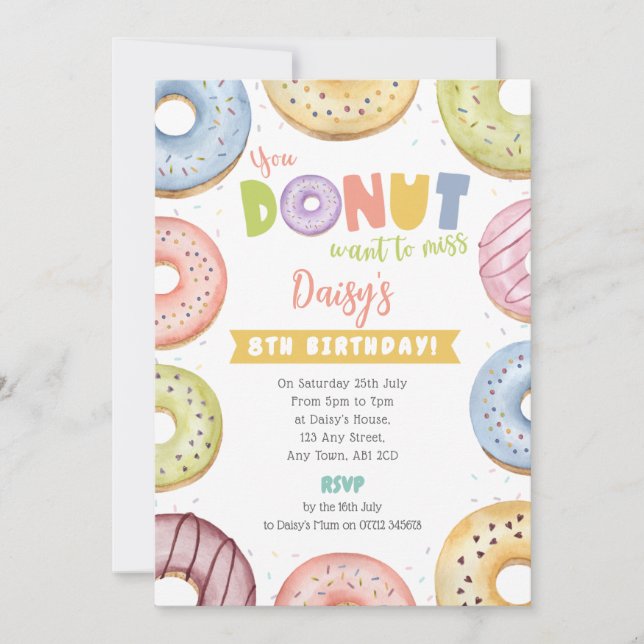 Invitación de cumpleaños de Pastel Donut - No quie (Anverso)
