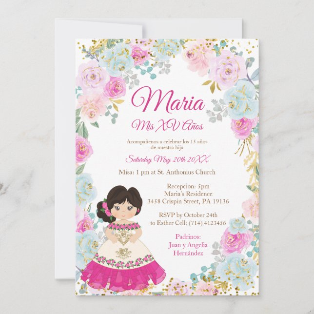 Invitación de cumpleaños de Pastel Flowers Mis XV  (Anverso)
