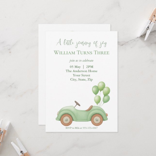 Invitación de cumpleaños de Pastel Green Car & Bal (Anverso/Reverso In Situ)