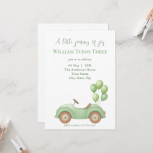 Invitación de cumpleaños de Pastel Green Car & Bal