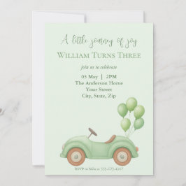 Invitación de cumpleaños de Pastel Green Car & Bal