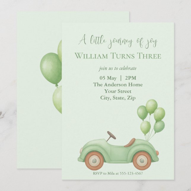 Invitación de cumpleaños de Pastel Green Car & Bal (Anverso / Reverso)